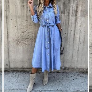 Boho Country Western Denim High Waist Flare Midi Dress